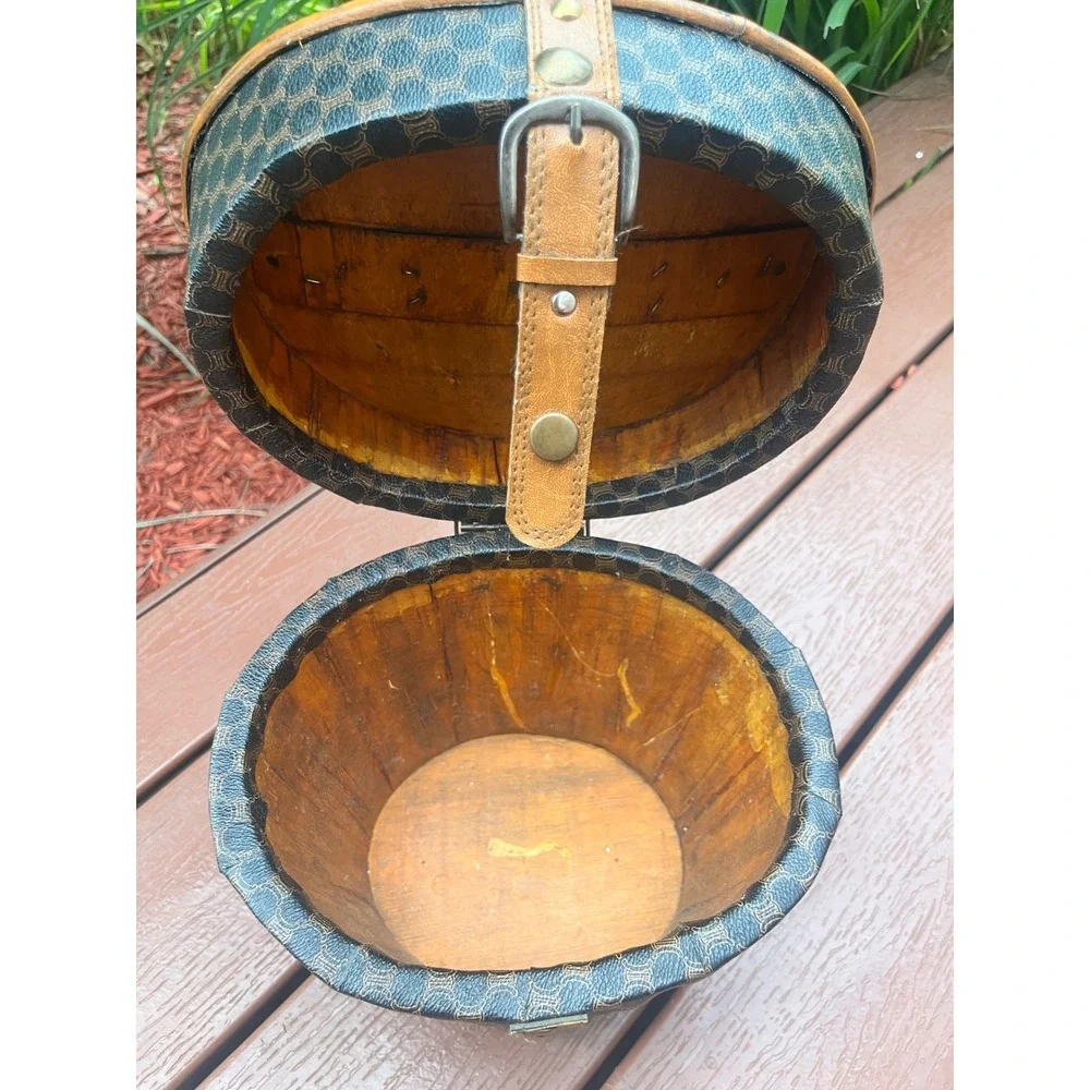 Vintage Karino Macadam Monogram Wood Bucket Box Leather Trim Vanity Case‎
